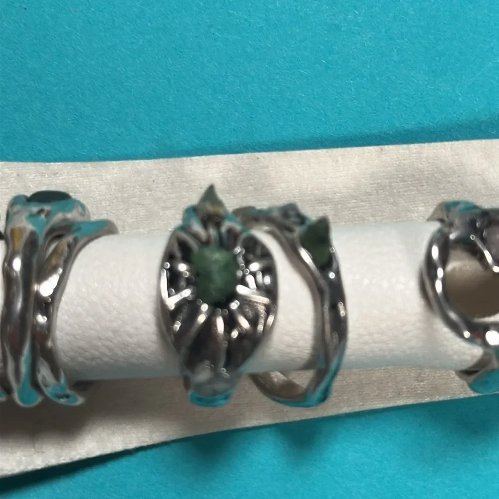 Free People Ring Set Silver Green Stones 7 Rings